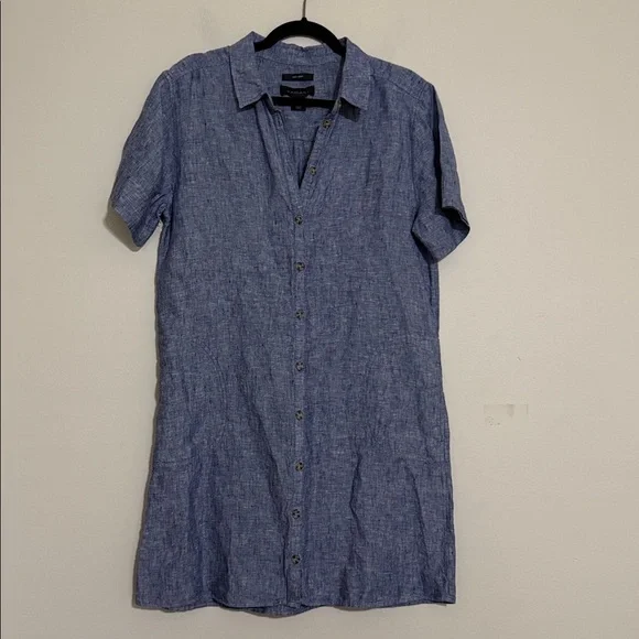 Tahari Casual Blue Button Down Shirt dress chambray linen women L beach vacation - Picture 8 of 8